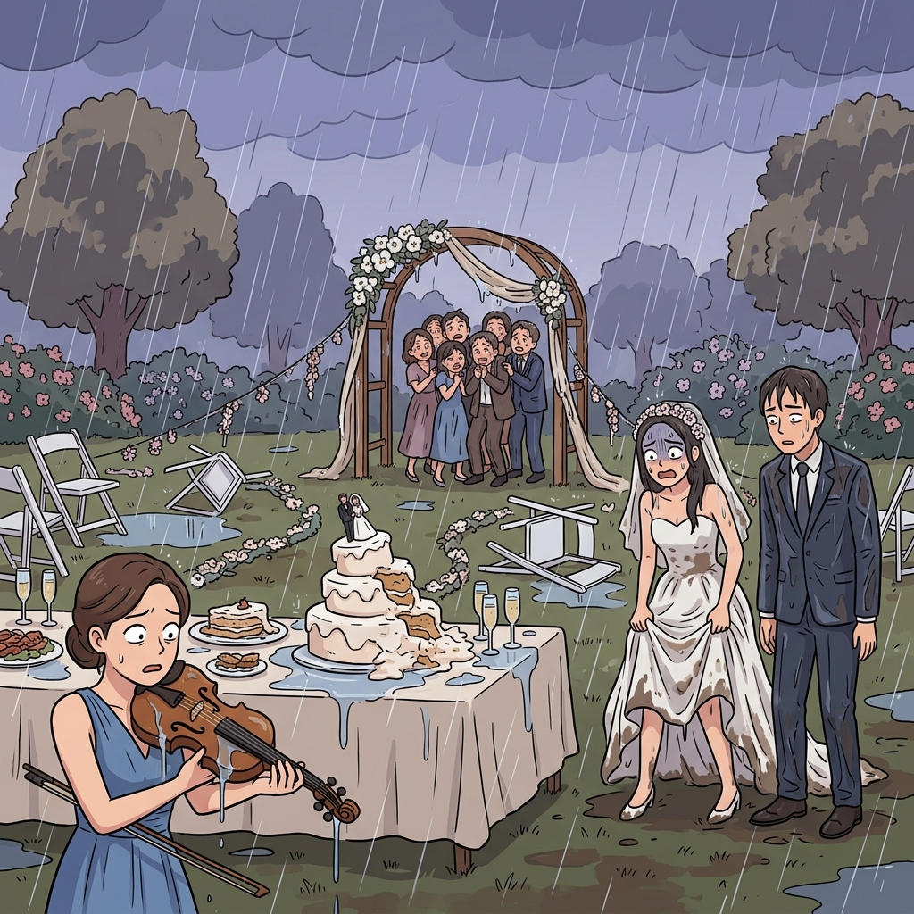The heavy rain began to spoil the outdoor wedding everyone had planned for months.