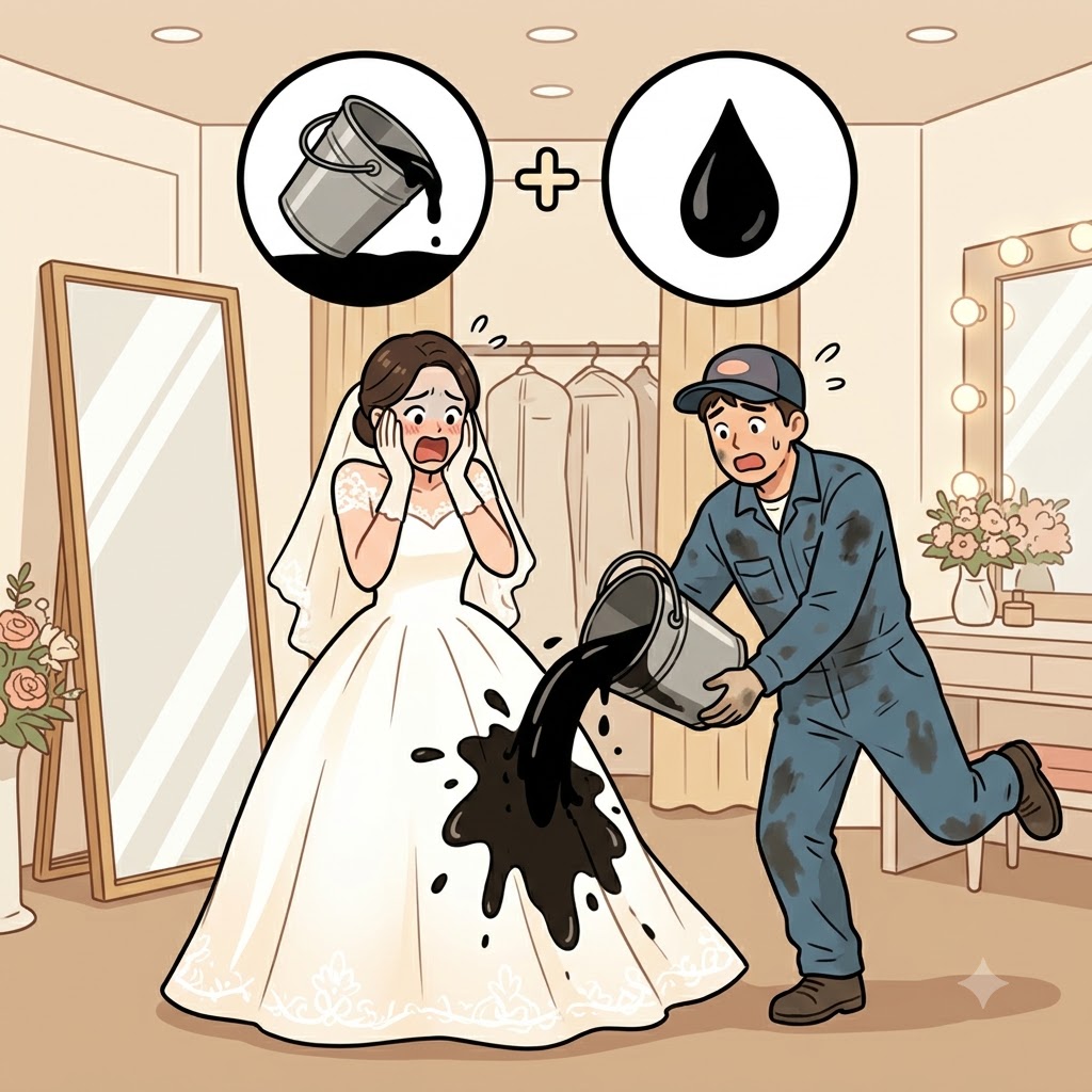 SP(spill) + OIL(oil) — accidentally deciding to SPill dark OIL directly onto the white wedding dress managed to completely spoil the perfect day.