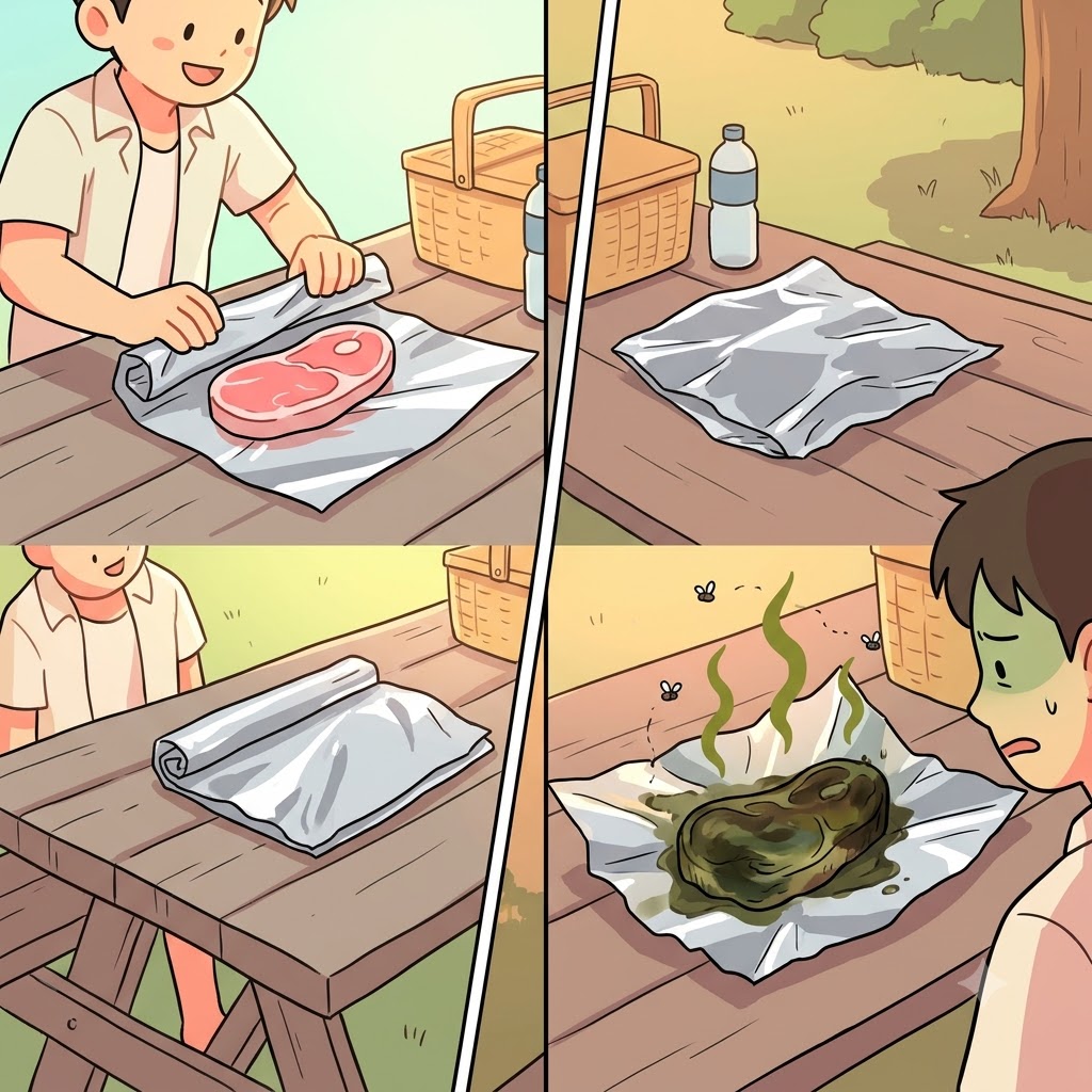 Despite wrapping the meat tightly in silver foil, leaving it in the hot sun caused it to rapidly spoil.