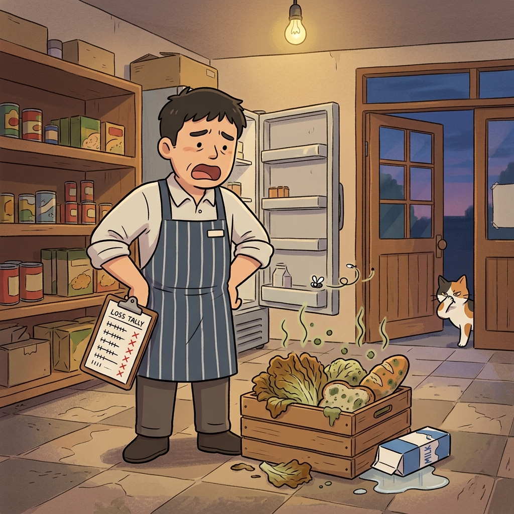 냉장고 뒤편에 상한 식재료가 산처럼 쌓여 사장님이 한숨을 쉰다.