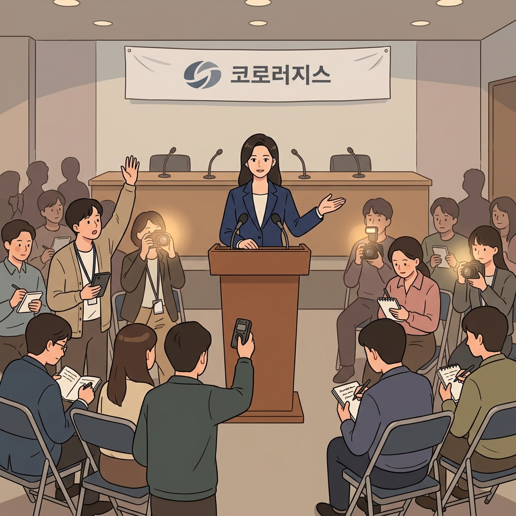 회사 대변인이 기자들 앞에서 차분하게 리콜 상황을 설명한다.