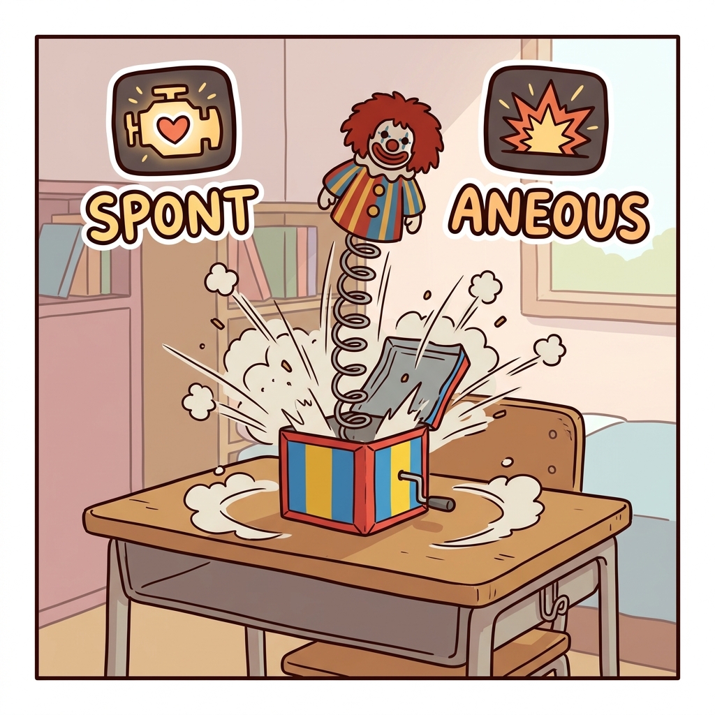 SPONT(own accord) + ANEOUS(state) — a spontaneous reaction is like a jack-in-the-box bursting outward purely by its own internal force.