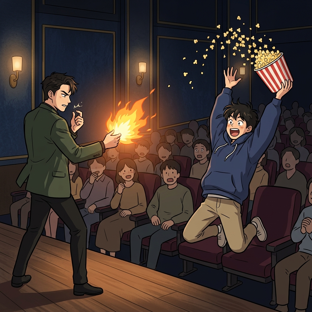 Struck by the magician's instantaneous flash of fire, the amazed audience member leaped up in a totally spontaneous explosion of cheers.