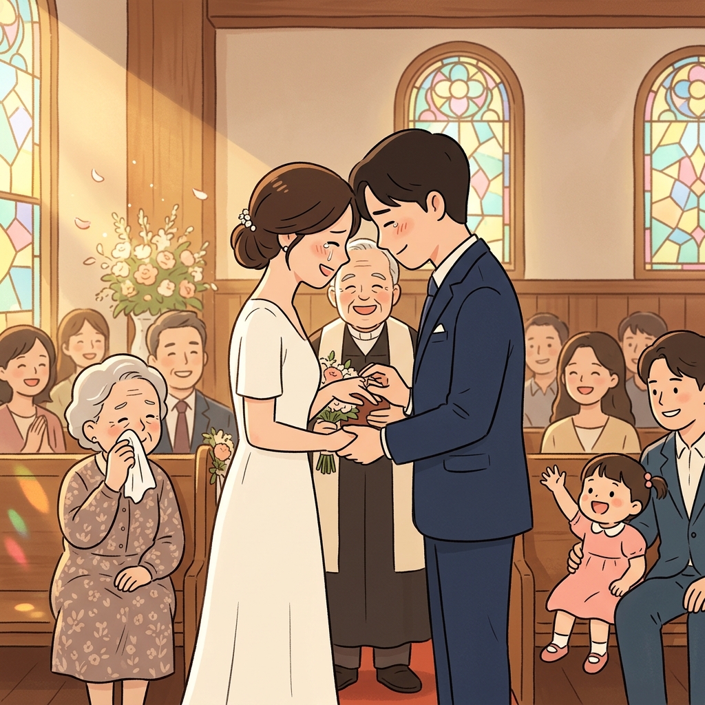 She held her spouse's hand tightly as they exchanged rings at the altar.