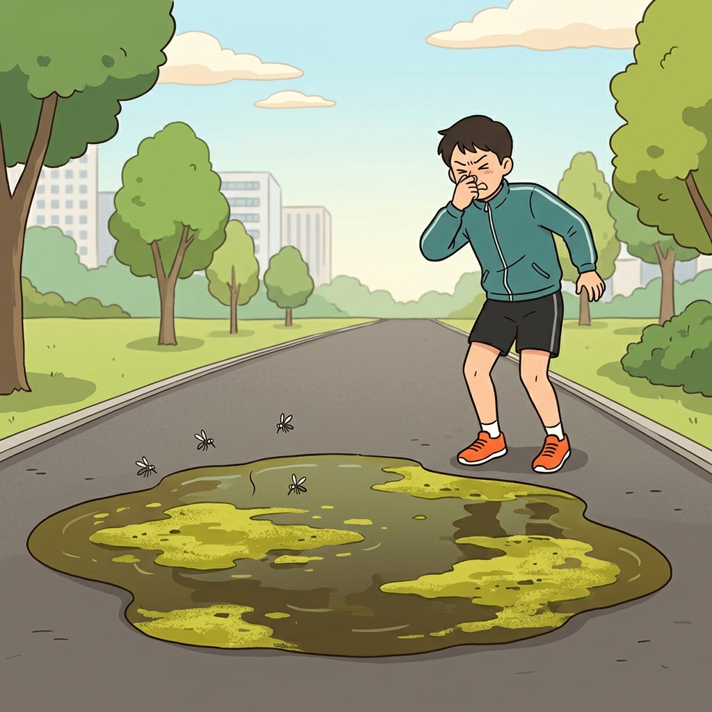 공원 산책로는 녹조가 낀 거대하고 고여 있는 물웅덩이 때문에 완전히 막혀 있었다.
