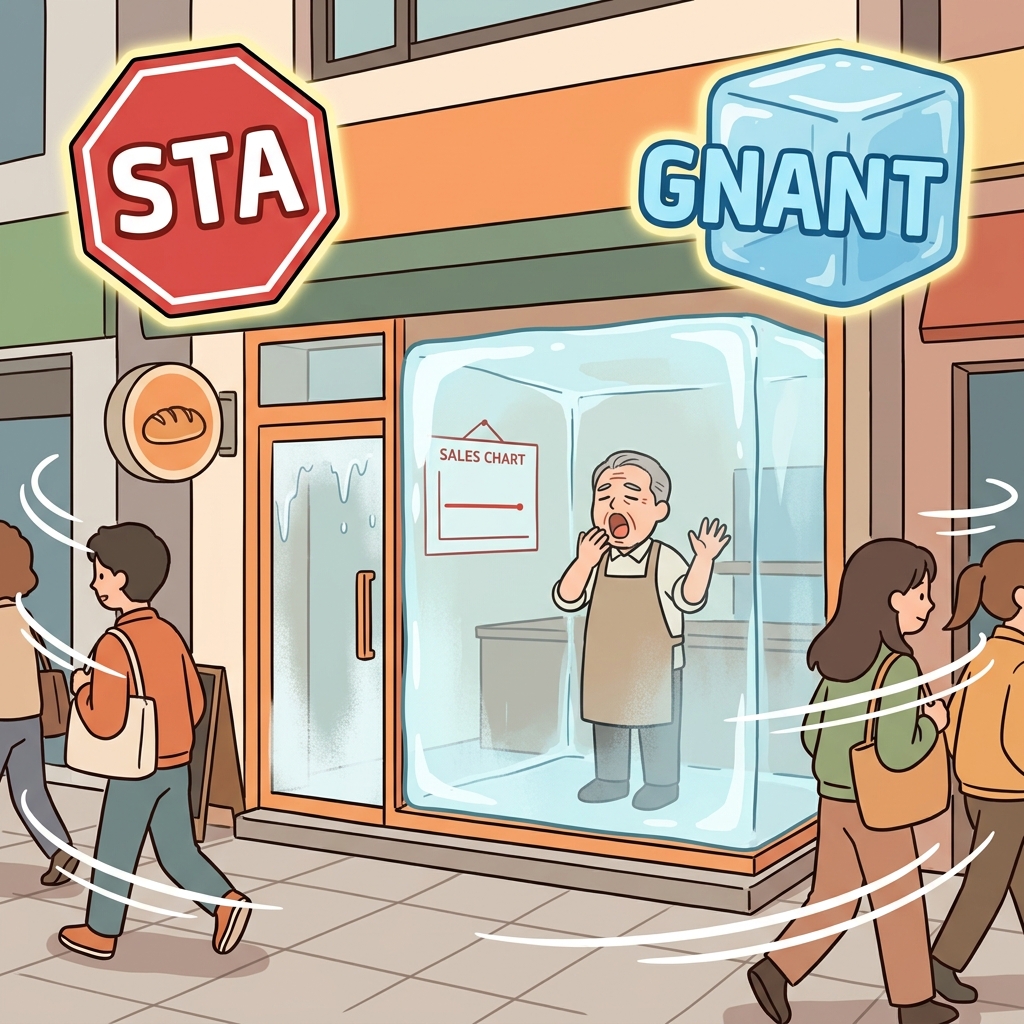 STA(서 있다) + GNANT(상태) — 침체된 사업은 단순히 완전히 멈춰 서 있는 상태에 갇힌 것이다.