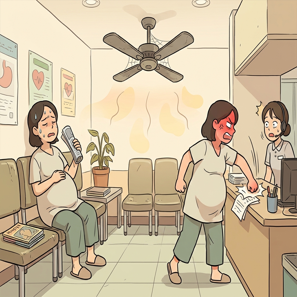 임신한(pregnant) 여성은 고장 난 선풍기 때문에 대기실 공기가 완전히 고여 있게(stagnant) 되자 몹시 분개했다(indignant).