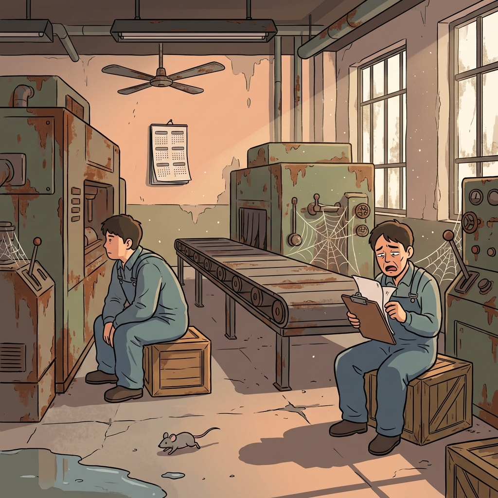 The factory's stagnation left machines rusting and workers waiting for orders that never came.