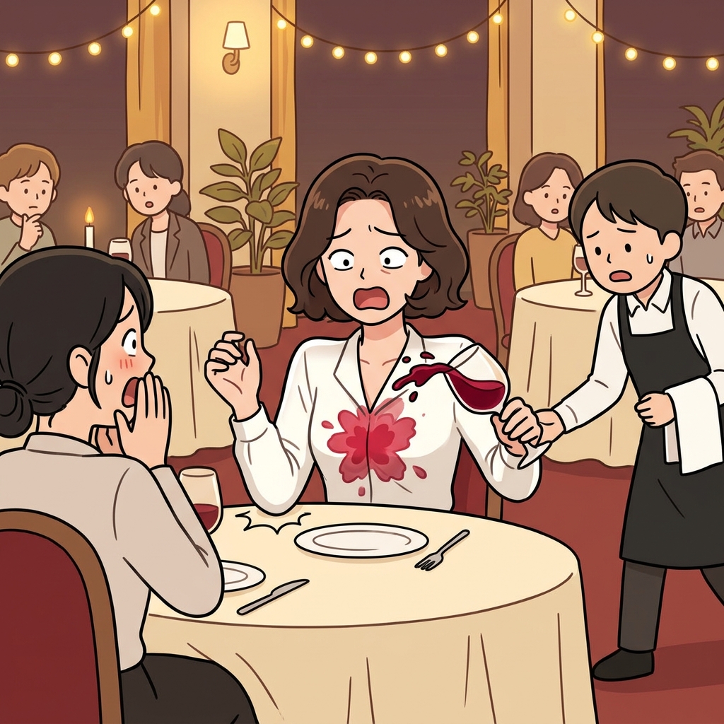 A red wine stain spreads across her white silk blouse at dinner.