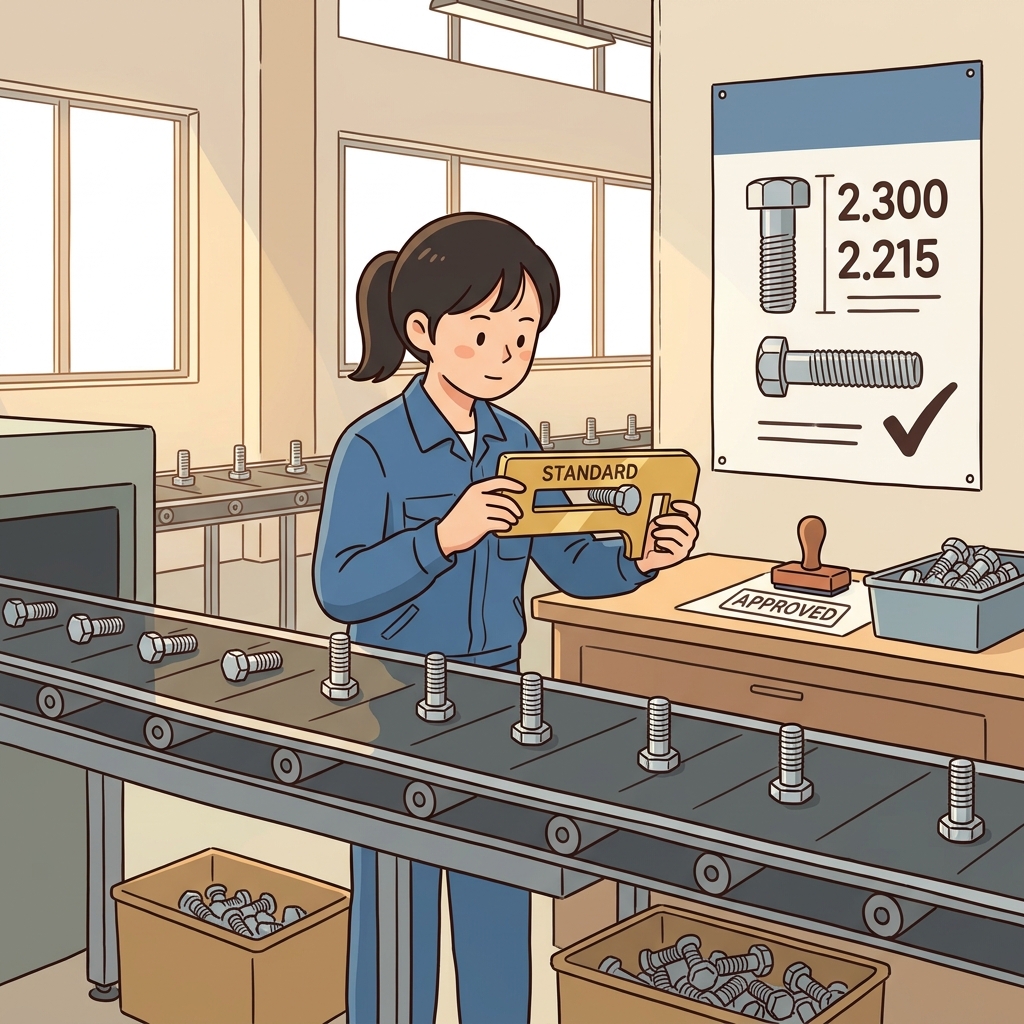 The factory inspector checks every bolt against the standard measurement.