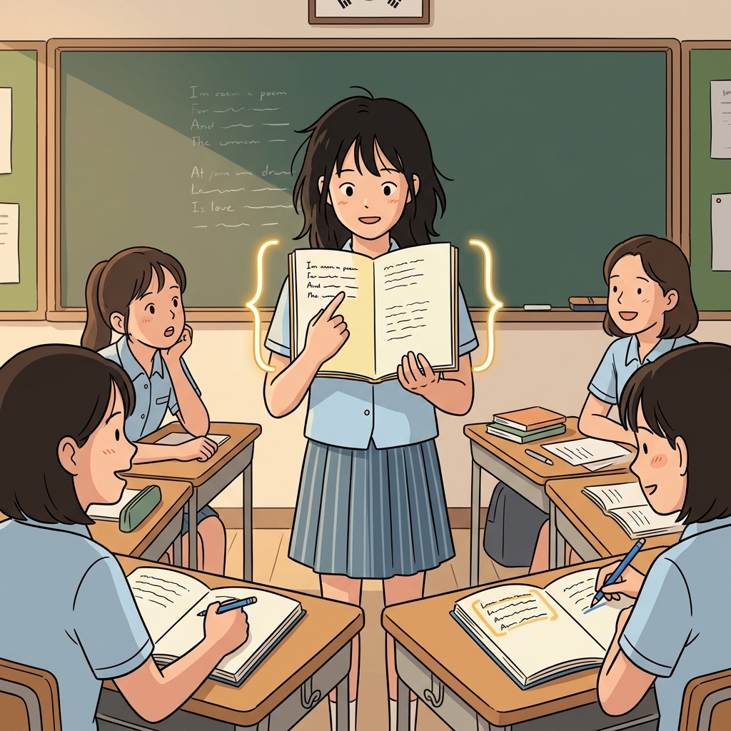 그녀가 시의 첫 연을 반 아이들 앞에서 낭독한다.