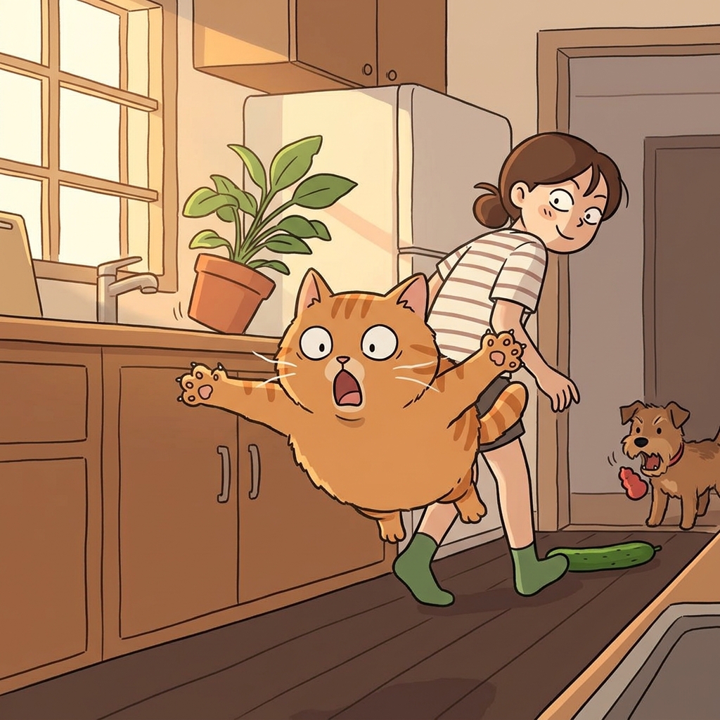 The cat leaps sideways as a cucumber suddenly appears, its fur puffed in startle.