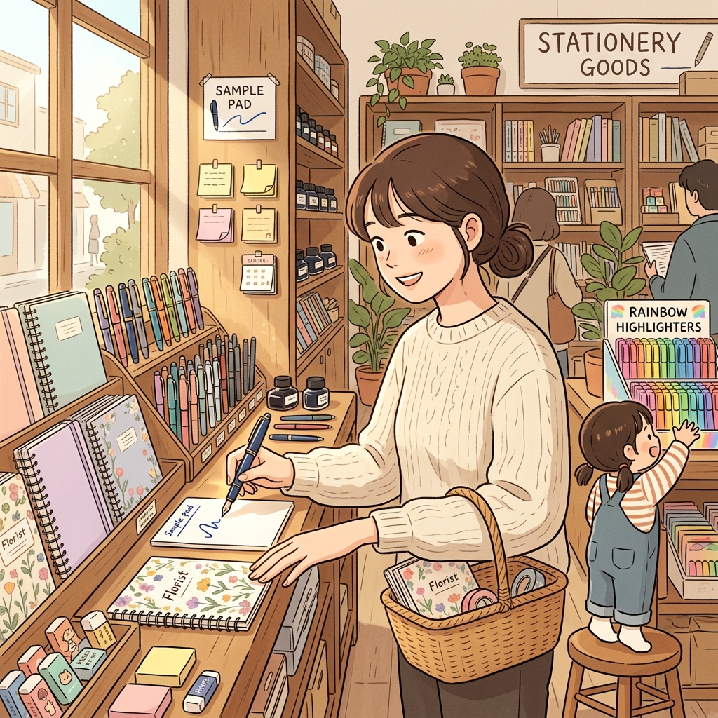 She browsed the shop for stationery — pens, notebooks, and colorful sticky notes.