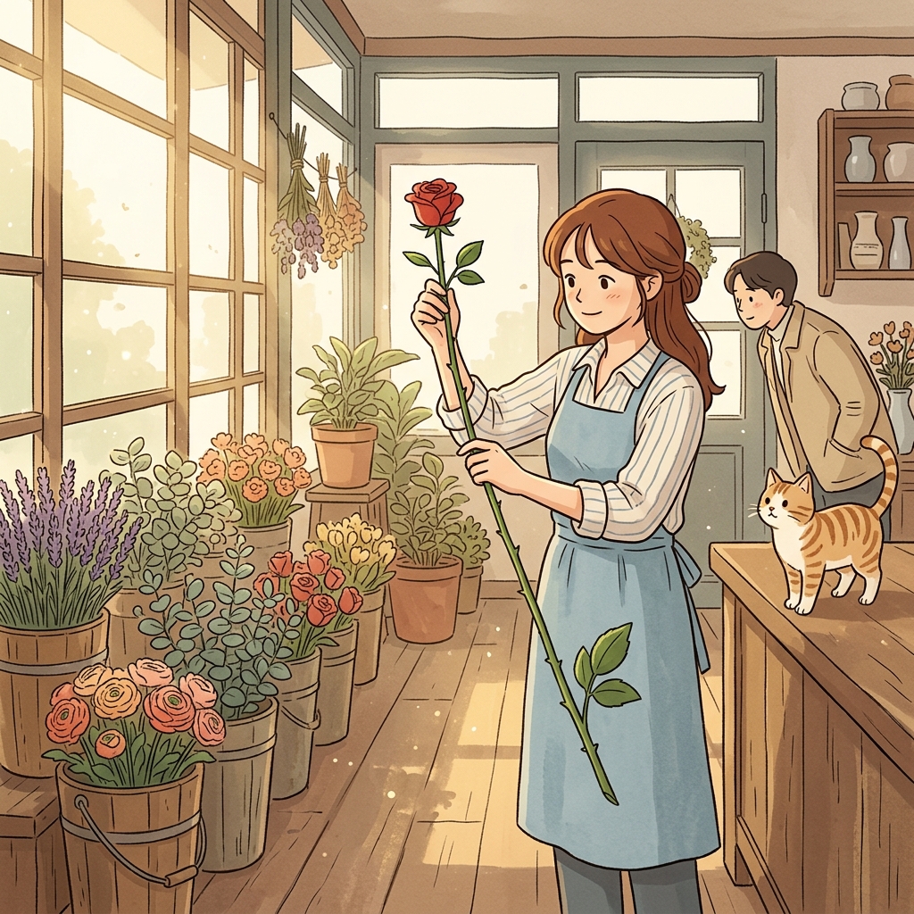 She holds the rose gently by its long green stem.