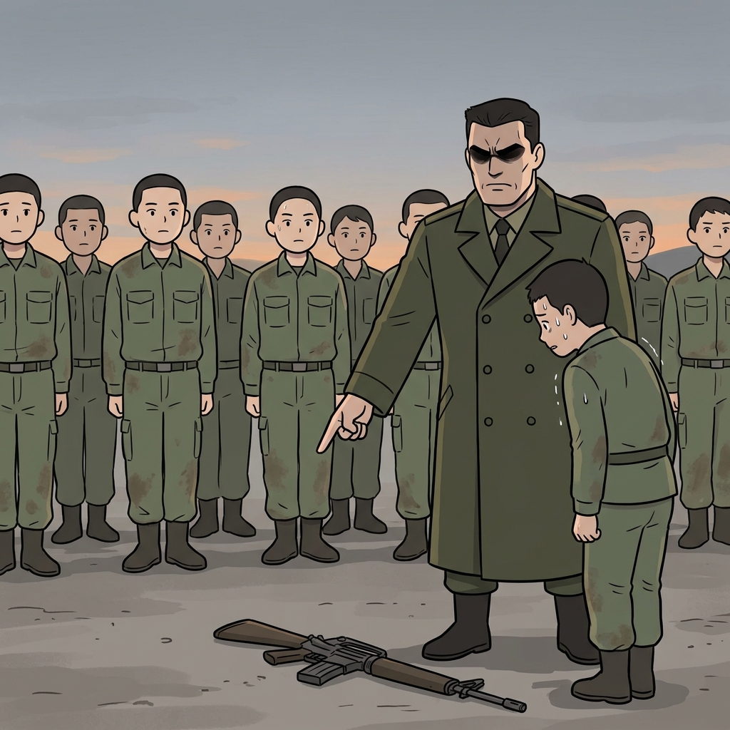엄격한 대장이 총을 떨어뜨린 훈련병을 매섭게 노려봤다.