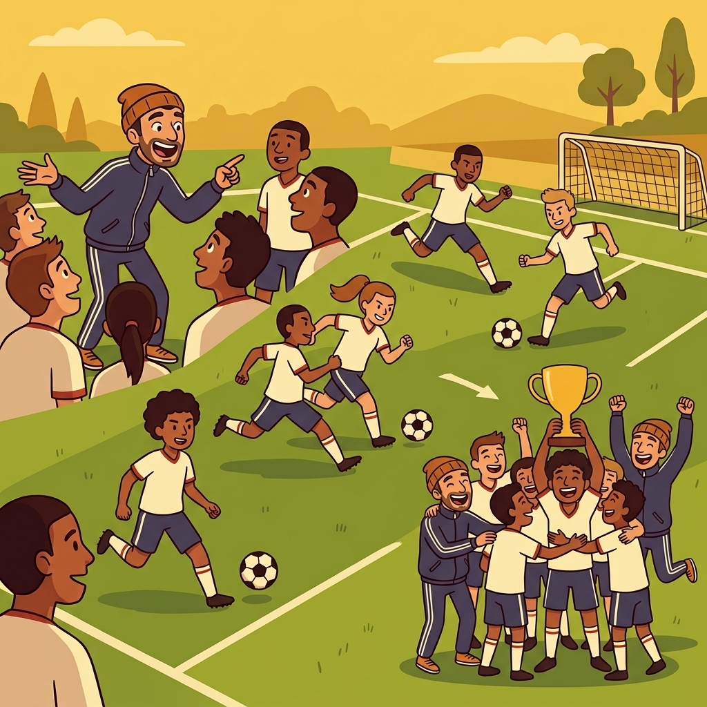 The coach stimulated the team, motivated them to keep trying, and celebrated their victory.