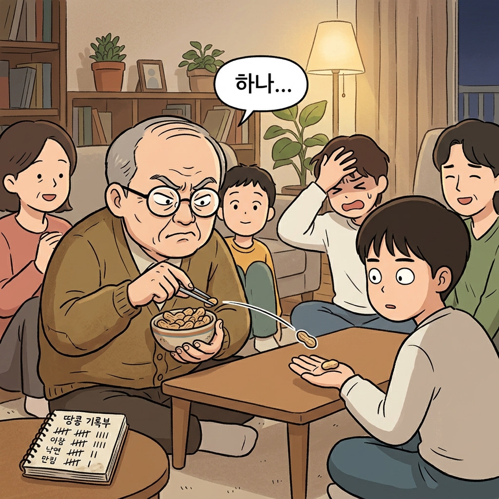 The stingy uncle counts every single peanut before sharing the bowl.