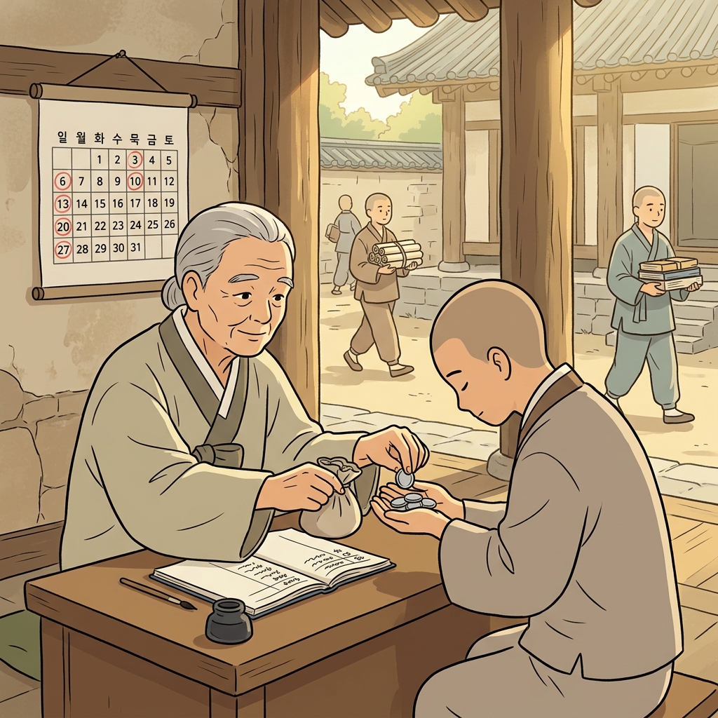 The young monk receives his monthly stipend from the temple treasurer.