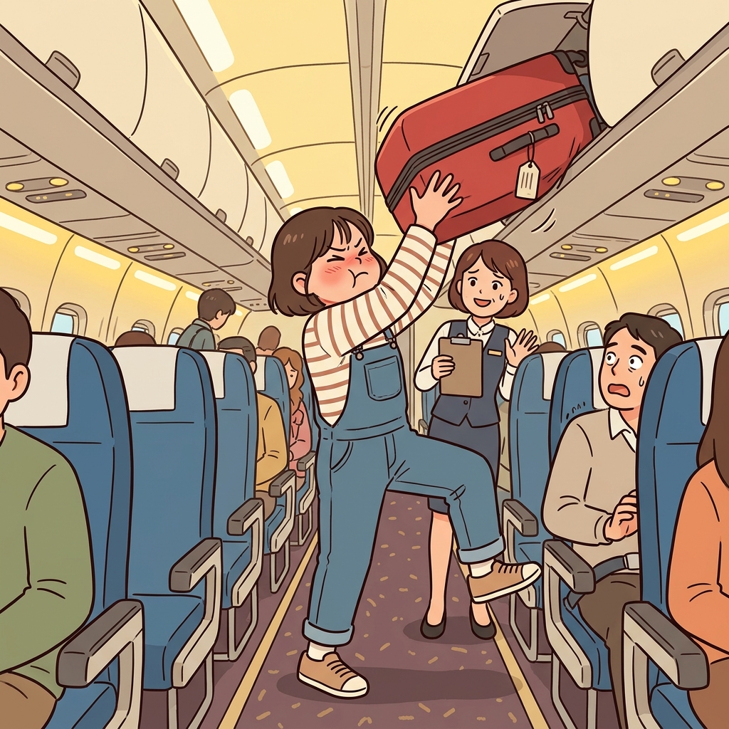She tries to stow her giant suitcase into the tiny overhead bin.