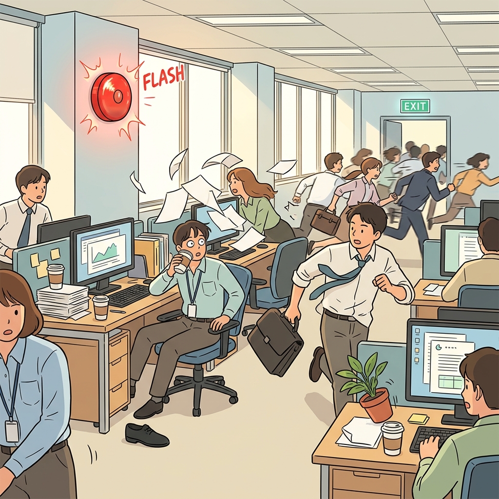 화재 경보가 울리자 다들 즉시 건물 밖으로 뛰어나갔다.