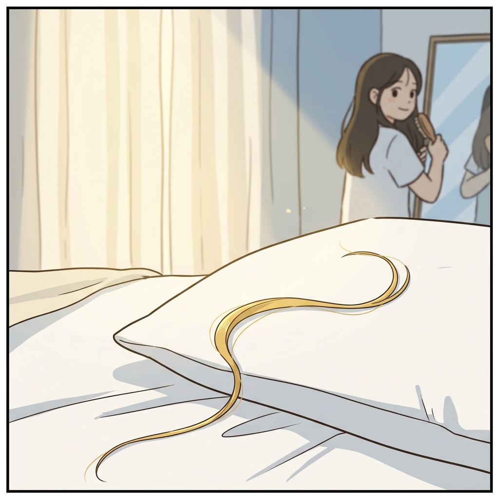 A single golden strand of hair rests on her white pillow at dawn.