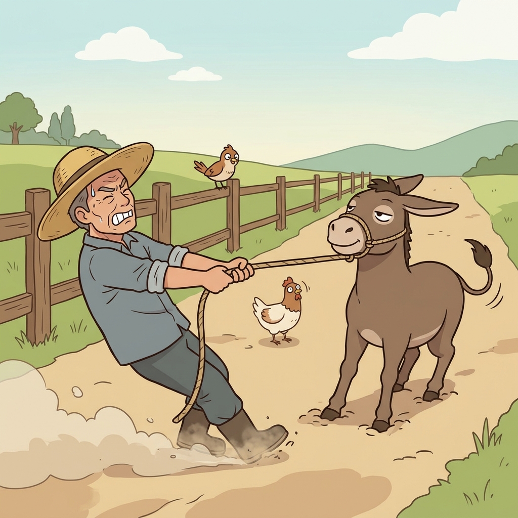 The stubborn donkey refuses to move, no matter how hard the farmer pulls.