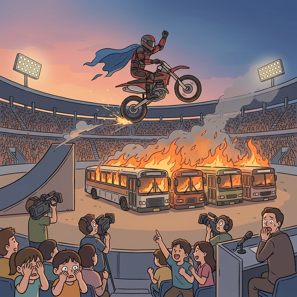The daredevil performs a dangerous stunt, leaping his motorcycle over five burning buses.