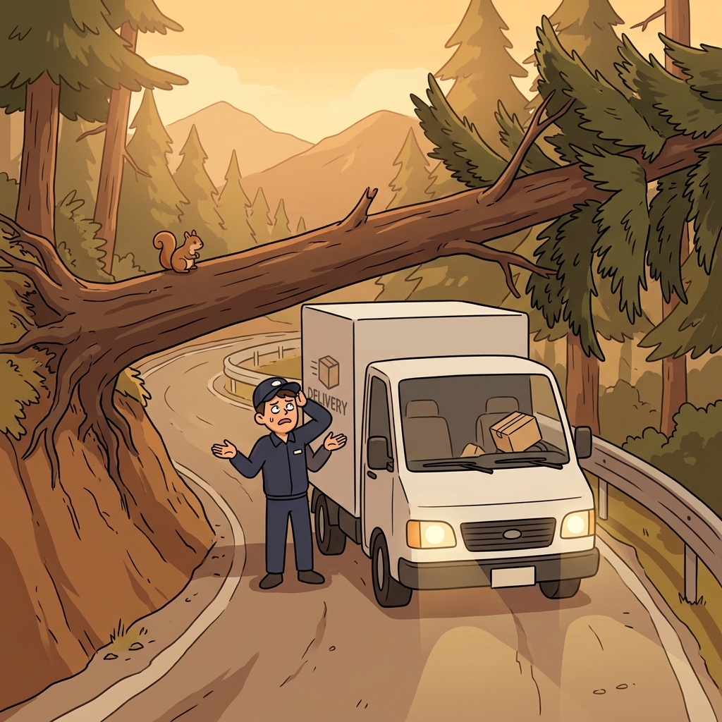 The fallen tree completely stymied the delivery truck's progress down the mountain road.