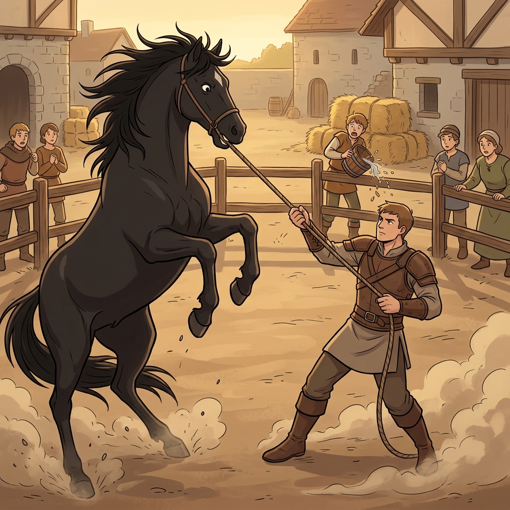 The knight moved carefully to subdue the wild horse without hurting it.