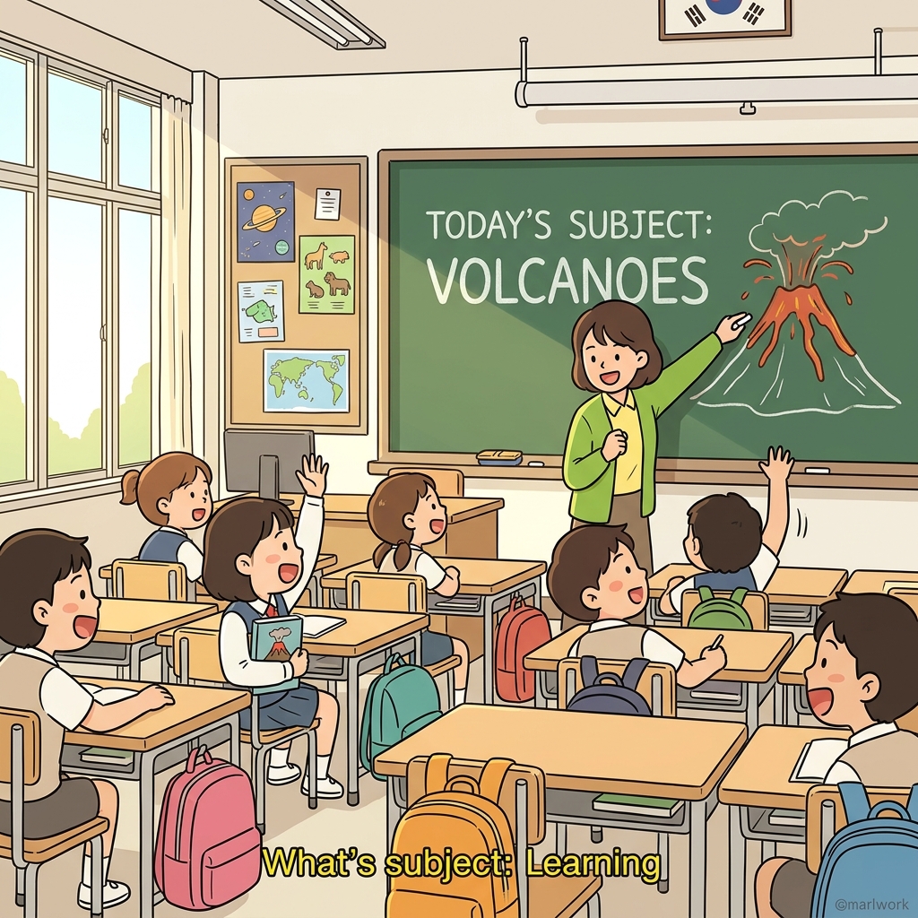 The teacher announced that today's subject would be volcanoes and eruptions.