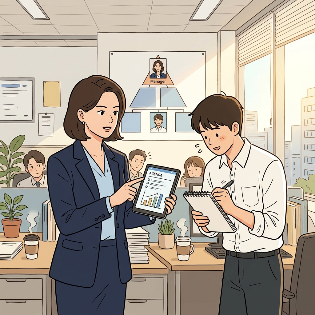 The manager assigns tasks to her subordinate before the morning meeting.