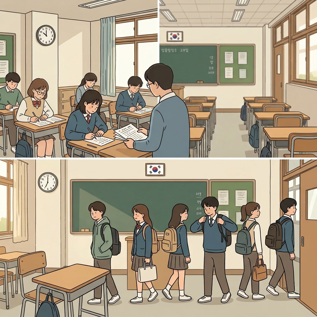학생들은 시험을 마쳤고, 그 후 교실을 나갔다. (섭-시퀀틀리 → Sequence(순서)대로! → 그다음에, 이어서)