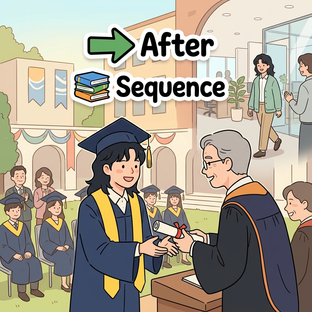 She graduated and subsequently started her first job. (➡️ After + 📚 Sequence → Subsequently)