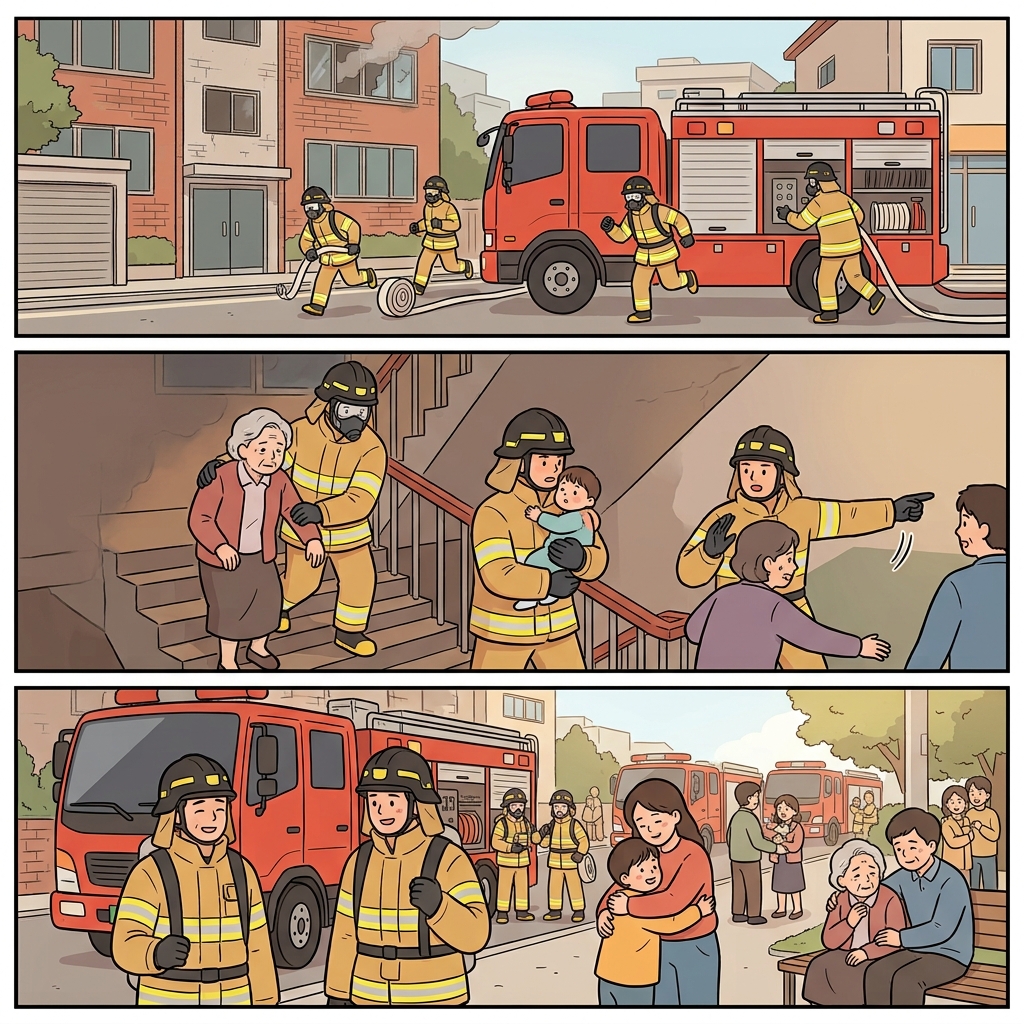 The firefighters arrived subsequently, acted immediately, and fortunately saved everyone.