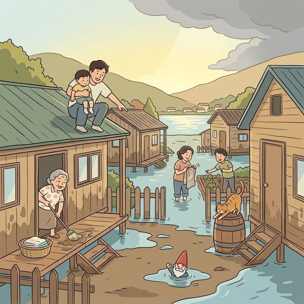 After hours of chaos, the floodwaters finally subside and the village breathes again.