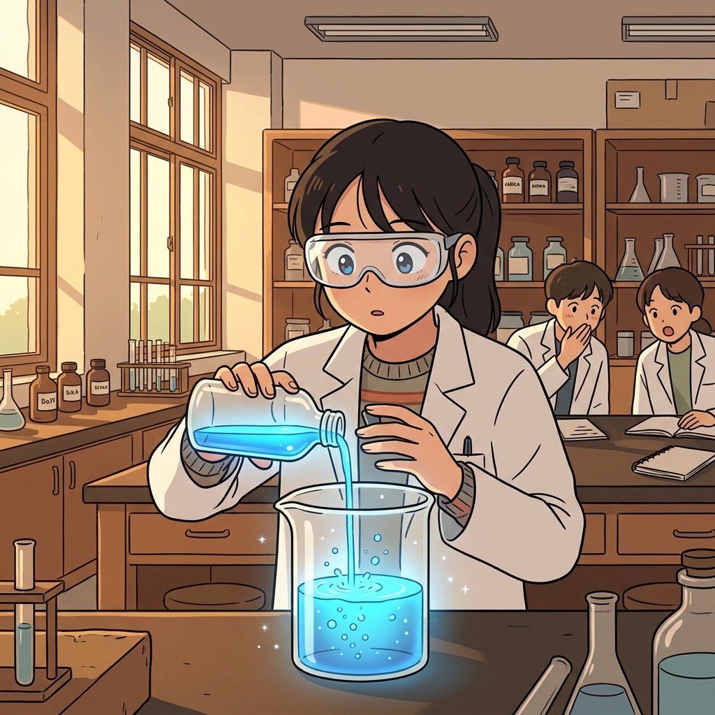 The chemist carefully pours a mysterious blue substance into the beaker.