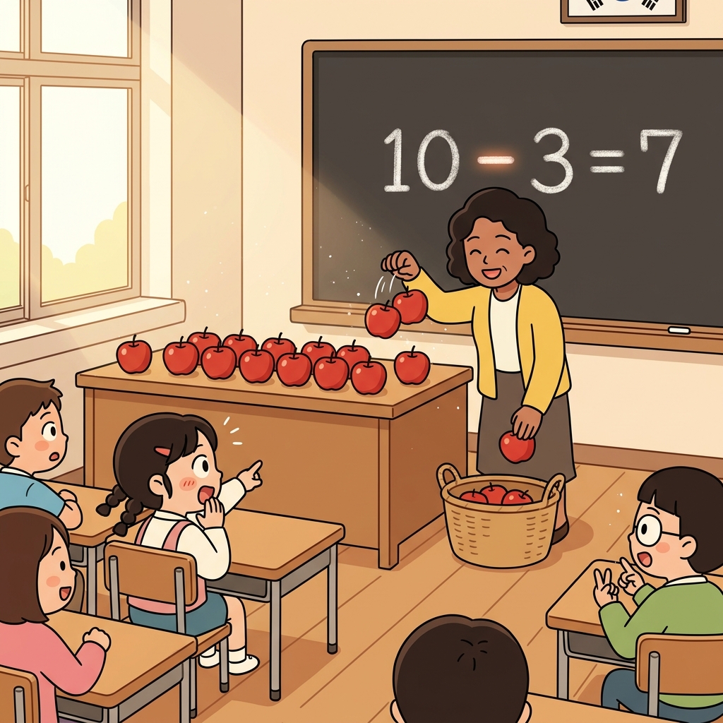 The teacher demonstrates subtraction by taking three apples away from a pile of ten.