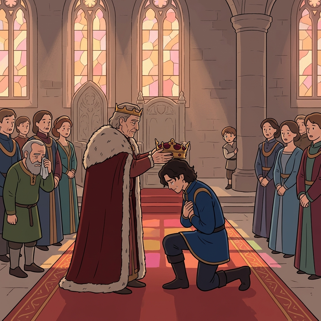 The royal succession passed the crown from father to son before the whole court.