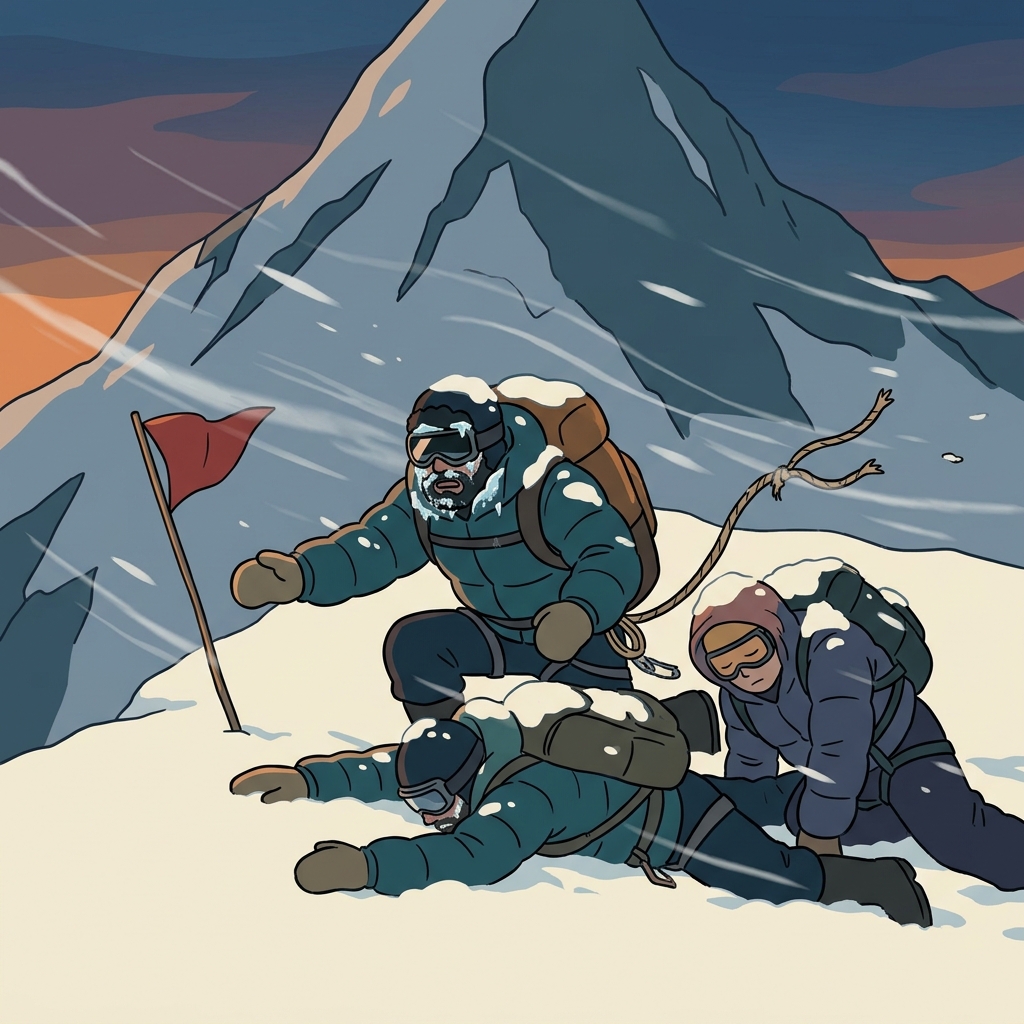 Exhausted mountaineers succumb to the blizzard and collapse near the summit.