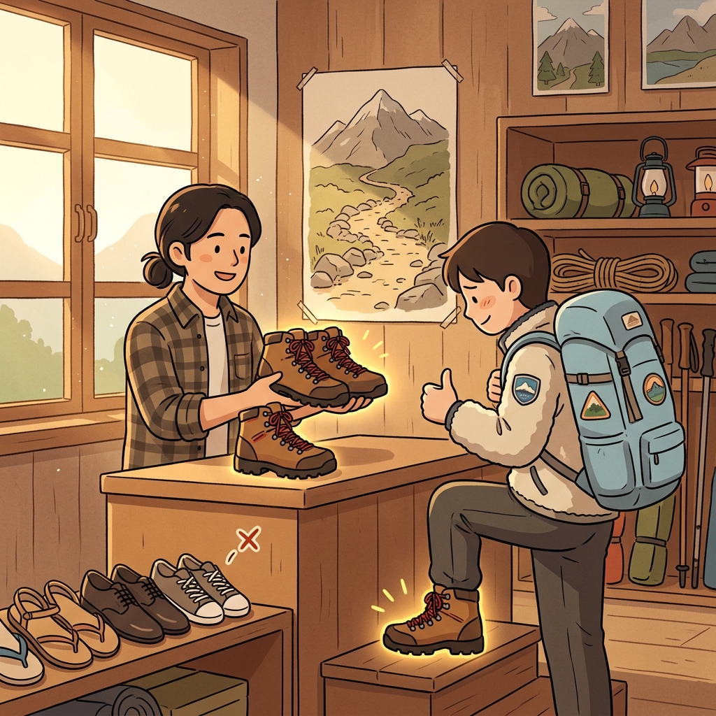 These hiking boots are suitable for the rocky mountain trail ahead.