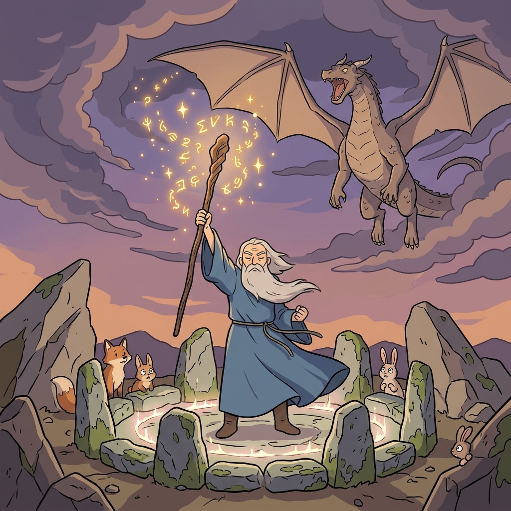 The wizard raises his staff to summon a giant dragon from the swirling clouds.