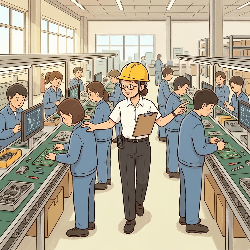 공장 감독관이 작업자들을 하나하나 살펴본다.