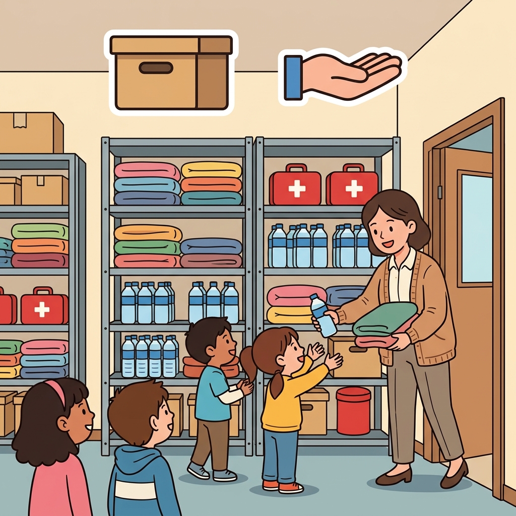 The school stored emergency supplies and could supply students when needed. (SUPPLY ≈ SUPPLIES → supplies are things ready to be supplied)