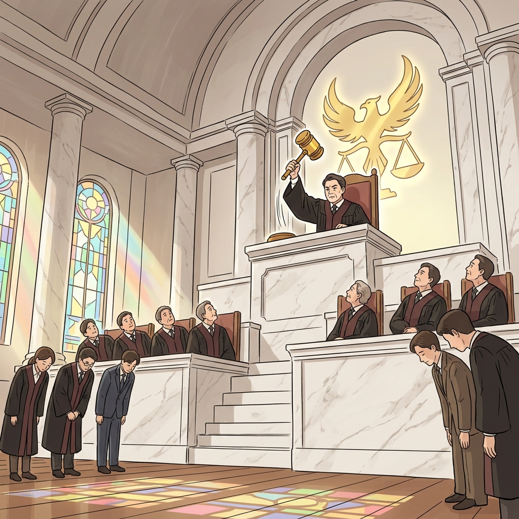 The supreme court justice delivers the final, unappealable verdict from the highest bench.