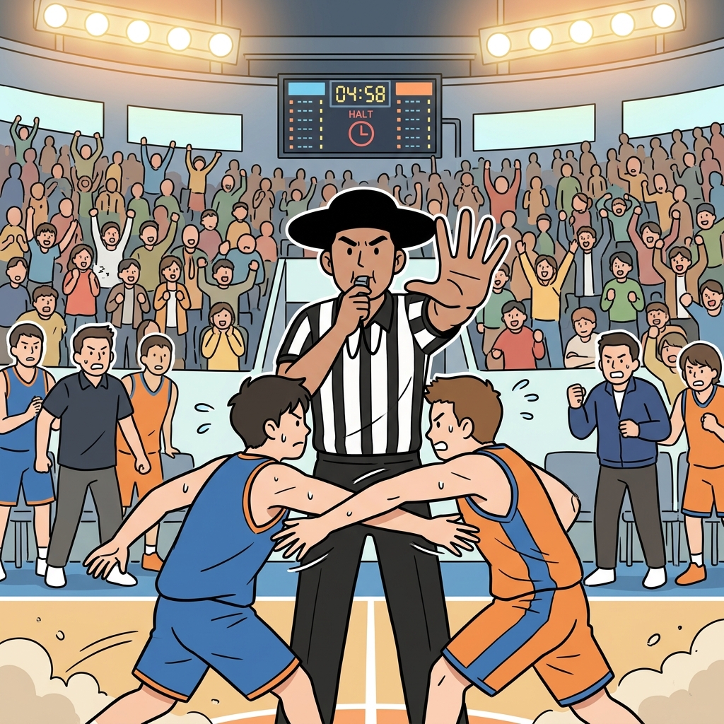 The referee called a suspension after the heated fight on court.