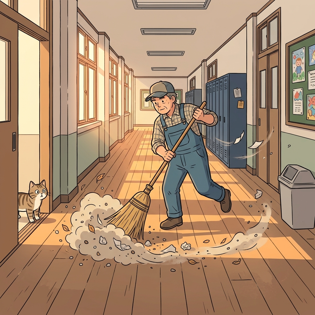 The janitor uses a wide broom to sweep dust across the empty hallway.