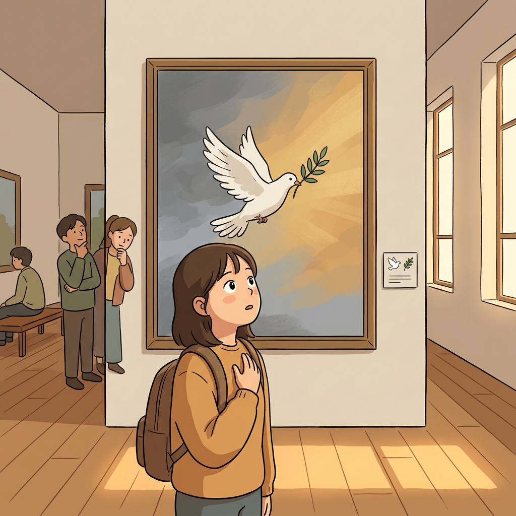 The dove and olive branch in her painting show powerful symbolism of peace after war.