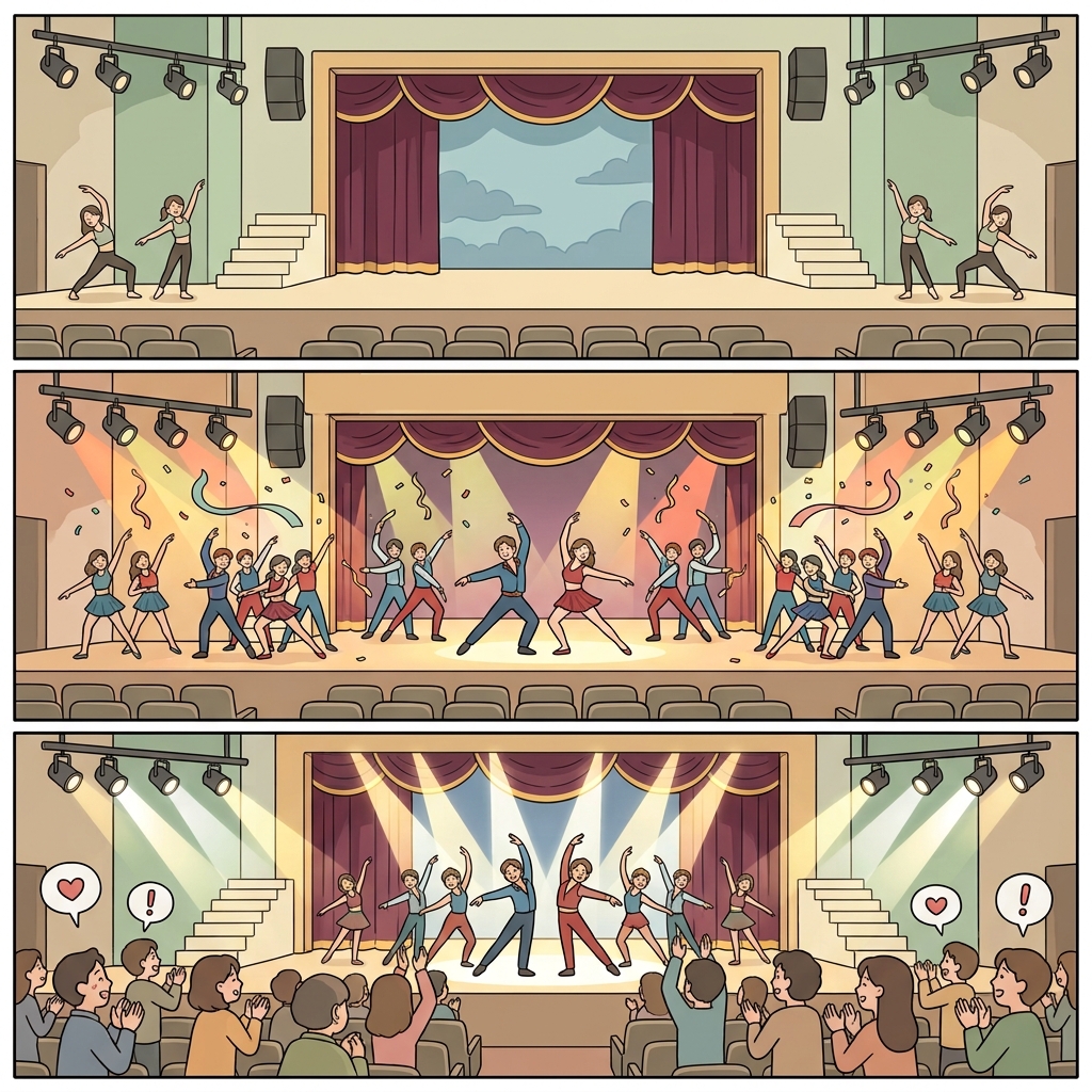The symmetrical stage design created a theatrical and spectacular performance.