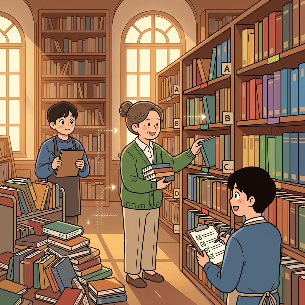 The librarian's systematic filing turned chaos into a perfectly ordered archive.