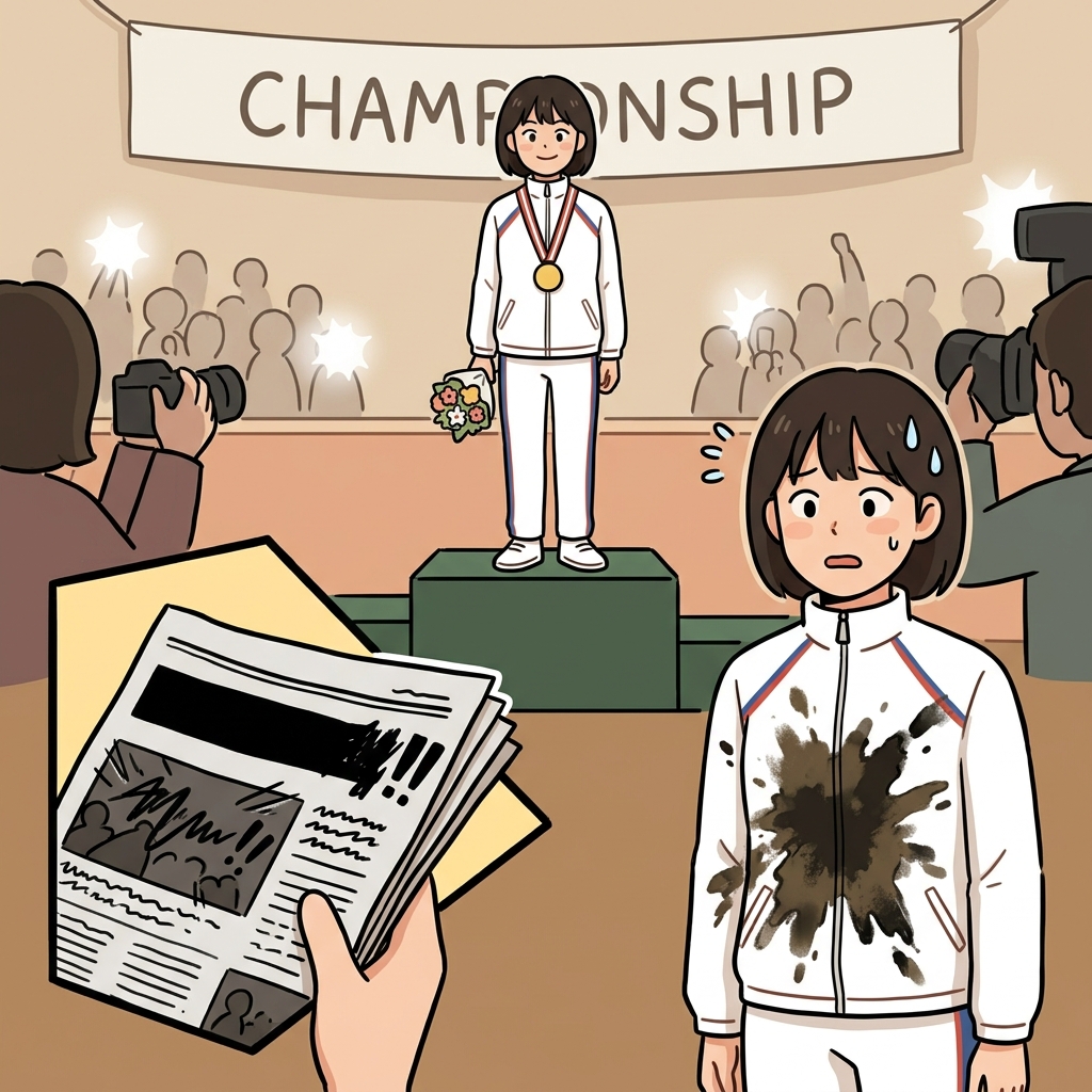 그 스캔들은 하룻밤 사이에 선수의 명성을 더럽혔다. ("때!" → 하얀 옷에 때가 묻어 더럽혀진다)